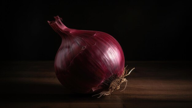 A red onion on a wooden table