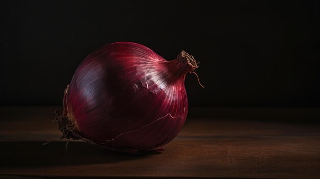 A red onion on a wooden table