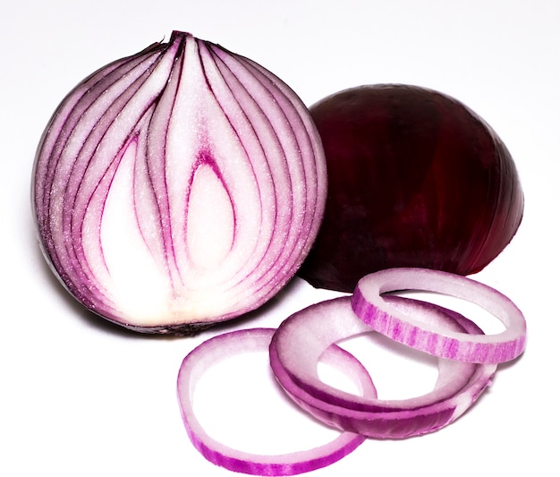 Red onions isolated on white background, top view.