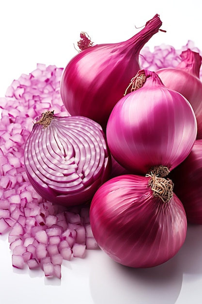 Red onions and pink onions with slice on a white background closeup