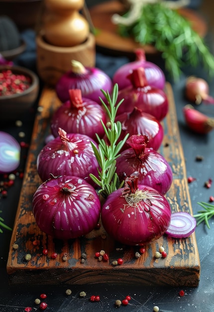 Red onions and spices on wooden board