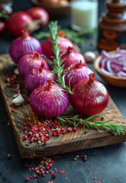 Red onions and spices on wooden cutting board