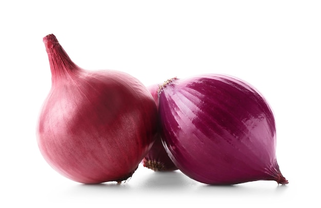 Red onions on white background