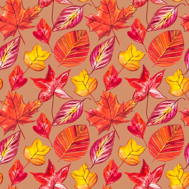 Red and Orange Autumn Leaves Background. Watercolor seamless pattern illustration.