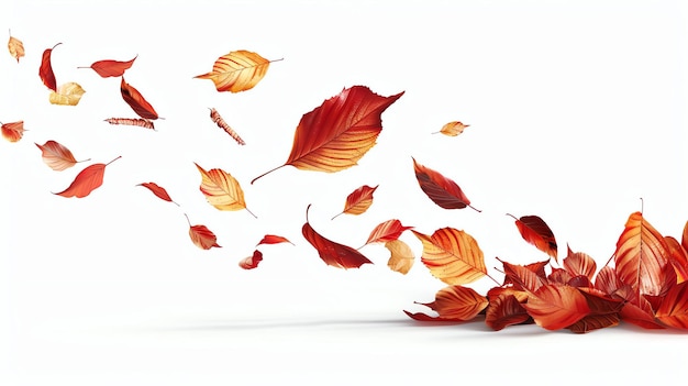 Red and orange autumn leaves blowing in the wind on a white background