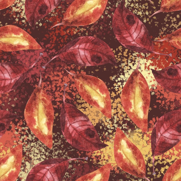 Red and orange autumn leaves watercolor seamless pattern. Dark brown background with colourful drops