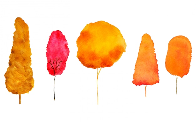 Photo red orange autumn trees watercolor painting with clipping path