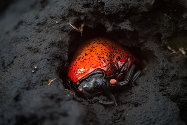 A red and orange beetle is in a hole in a lava field.