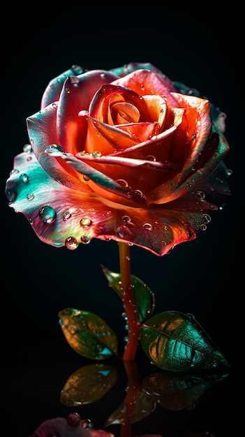 Красно-оранжево-зелено-бело-розовый цветок розы со сверкающими лепестками Generative AI