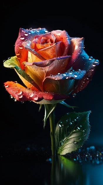 Red orange green white pink rose flower with sparkling petals Generative AI