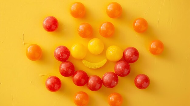 Red and orange gumballs are arranged in the shape of a smiling sun on a yellow background