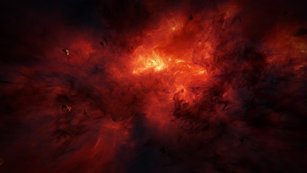 右下に「宇宙」と書かれた赤とオレンジ色の星雲。