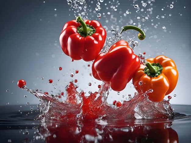 Red and orange paprika with water splash on grey background Fresh vegetables