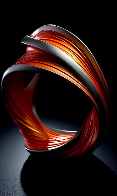 A red and orange sculpture with a black background.