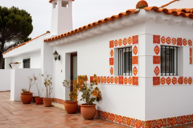 Photo red and orange spanish tiles adding color to a white stucco wall