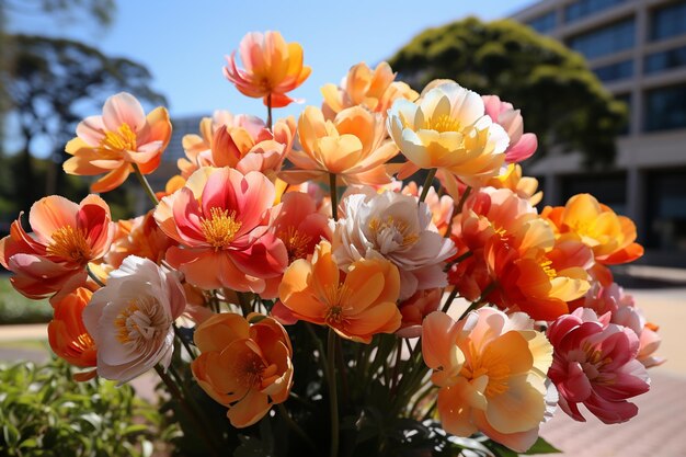 Photo red orange tulips in flowerbed in springtime at rayong