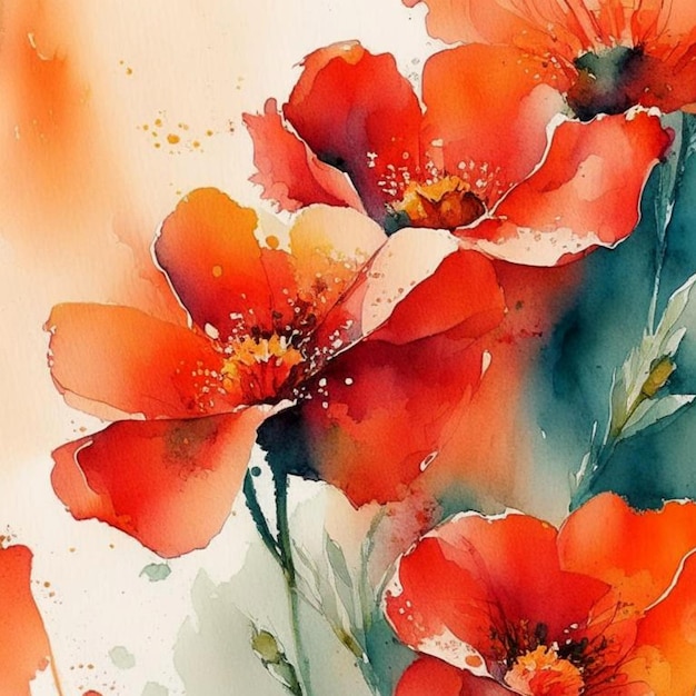 Red and orange watercolor poppy flowers with stems and leaves Watercolor art background