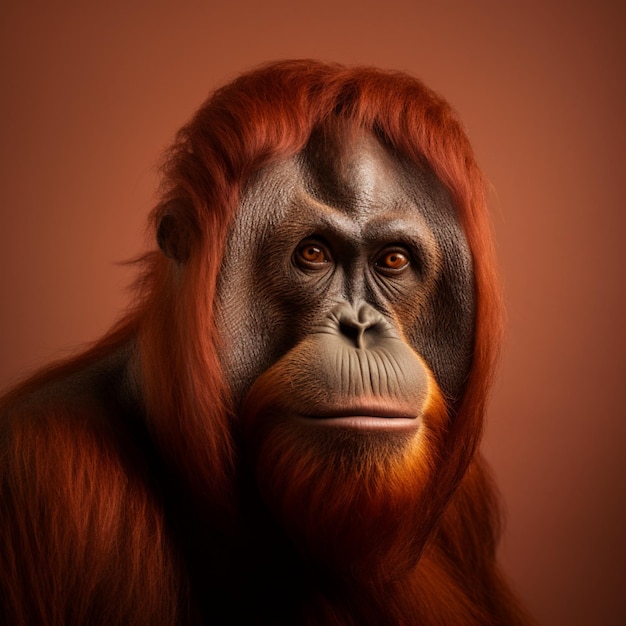 A red orangutan with a brown background and a brown background.