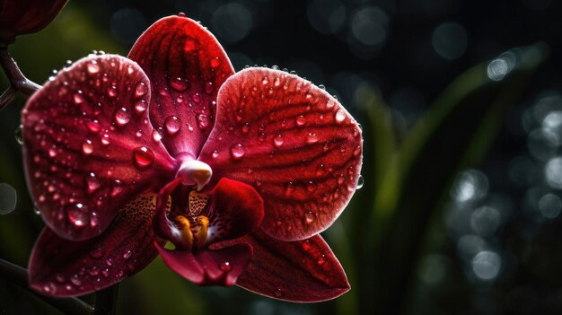 A red orchid with water droplets on it