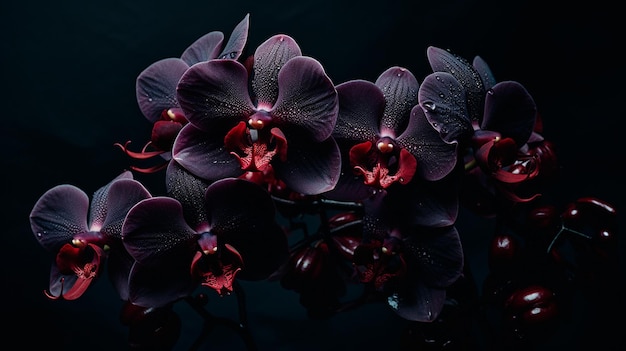 red orchids with drops on black background