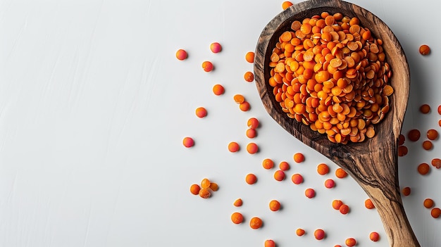 Red organic lentils in a wooden spoon seen from above against a white background and space for text or product Generative AI