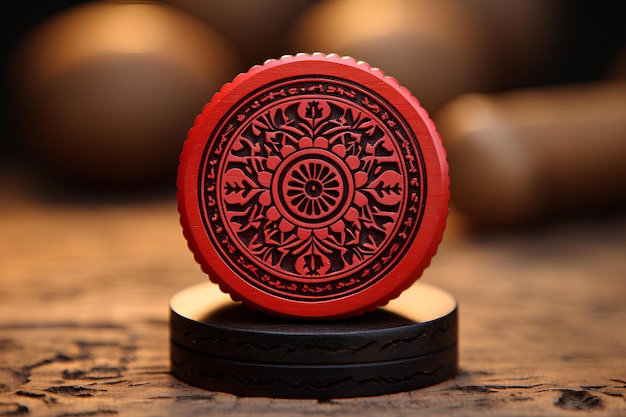 Red oriental coin on top of wood