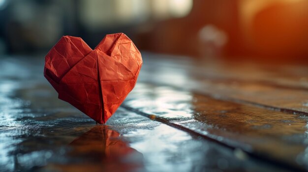 Foto cuore rosso di origami su tavola