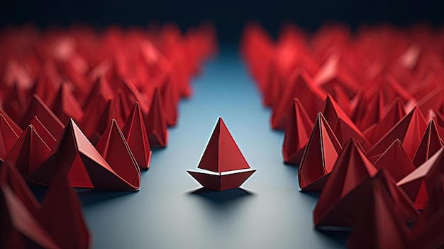 A red origami symbol standing amid a group of white paper shaped in the style of perceptive