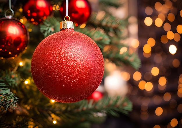 a red ornament hanging from a christmas tree with lights in the background