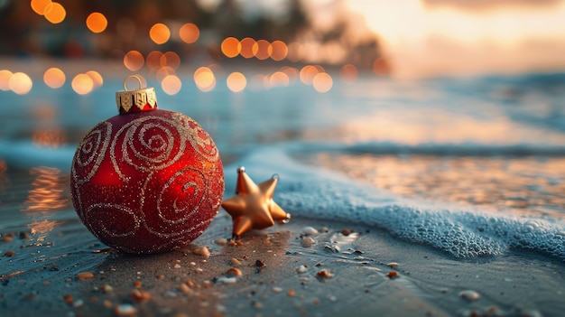 Photo red ornament on sandy beach