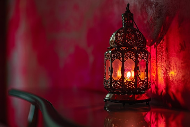 Красный декоративный арабский фонарь, светящийся ночью, приглашение на мусульманский священный месяц Рамадан Карим