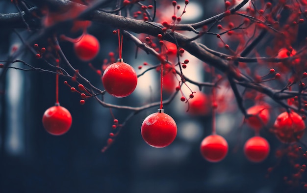 Red ornaments on a christmas tree branch