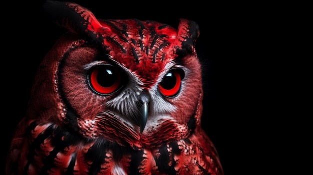 A red owl with a black face and a black eye