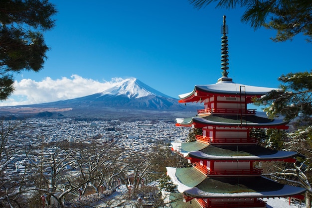 Red pagoda against mt fuji during winter