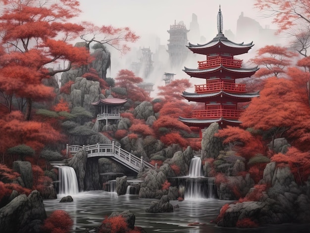 a red pagoda is located next to a waterfall in the style of illuminated landscapes