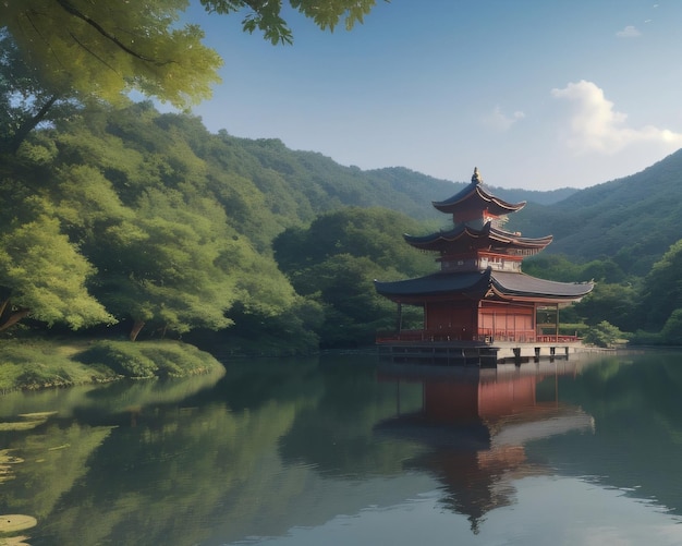 A red pagoda is reflected in a lake.