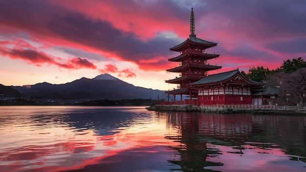 Red pagoda at kawaguchiko lake japan