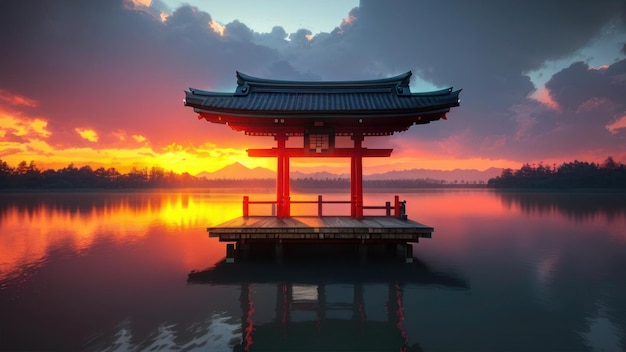 A red pagoda on a lake with a sunset in the background