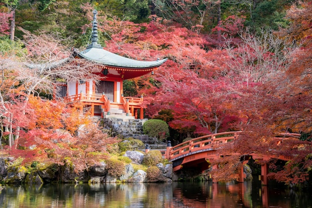 赤い塔と池と色の赤い橋は、11月の京都の秋の季節に醍醐寺のカエデの木を変更します。