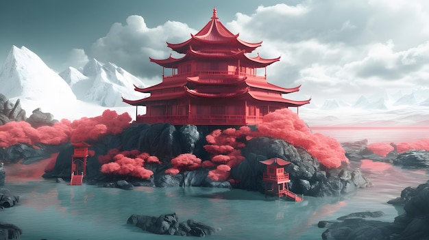 A red pagoda on a rock in the water