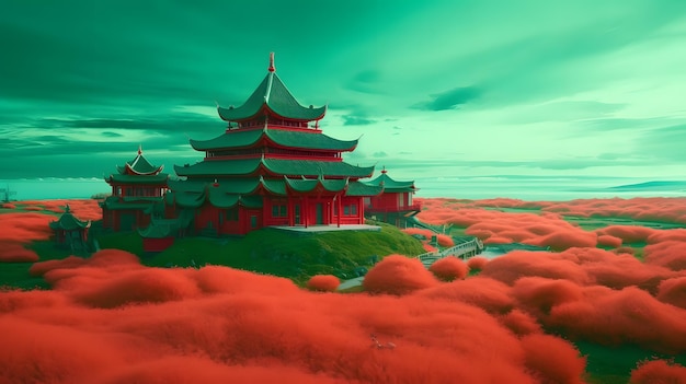 A red pagoda in the sky with clouds and a green sky