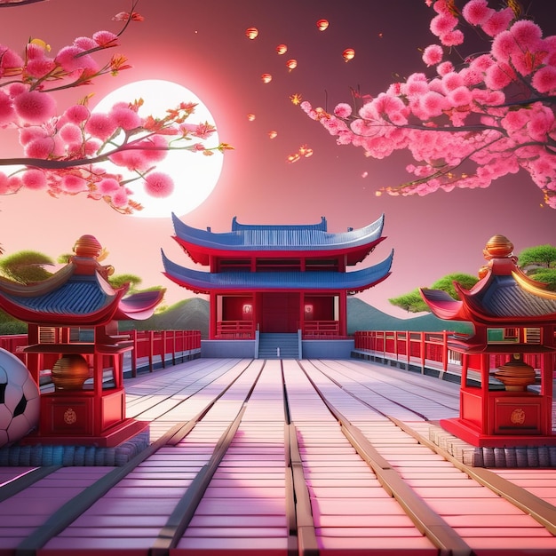 a red pagoda with a pink background and a red lantern with a pink flower on it.