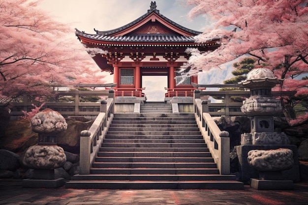 a red pagoda with a pink cherry blossom tree in the background.