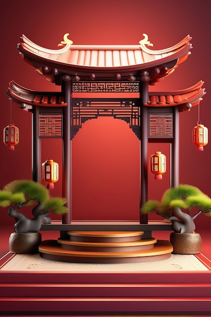 A red pagoda with a red background and a red lantern with the number 1 on it