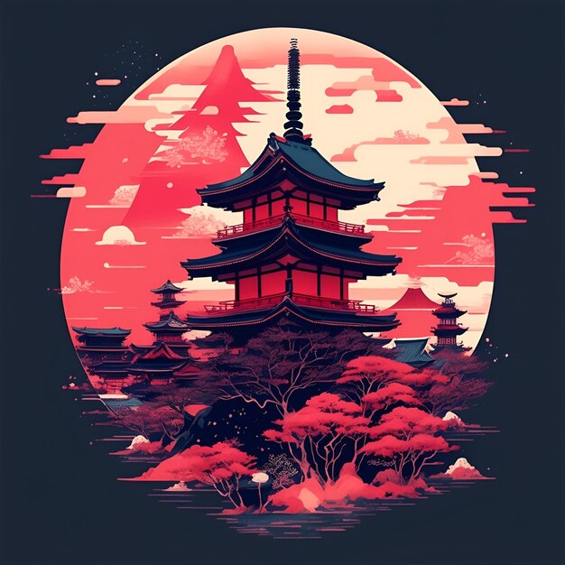 A red pagoda with a red moon in the background.