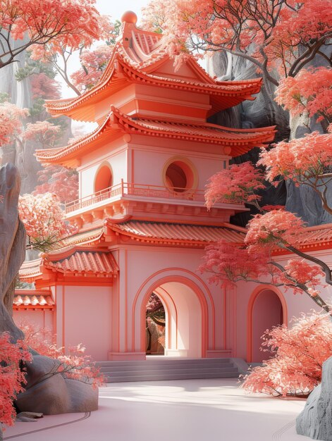 a red pagoda with a red roof and a tree with pink flowers