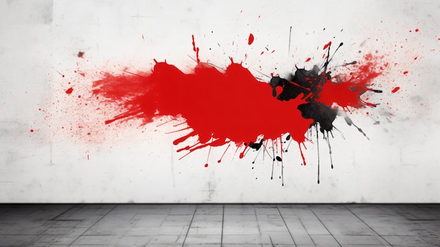 A red paint splatter stands out on a black and white