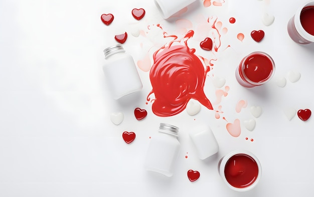 Красная краска и белая кисть разбросаны по белой поверхности с сердечками вокруг них.