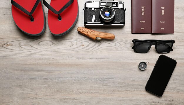 A red pair of sandals and a camera are next to a red pair of sandals.