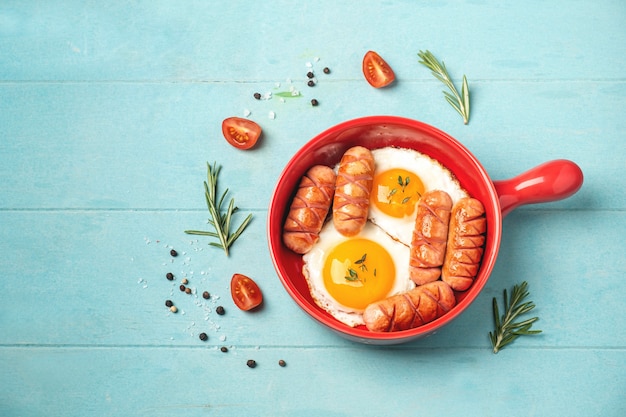 Red pan with fried eggs and sausages on a  blue background